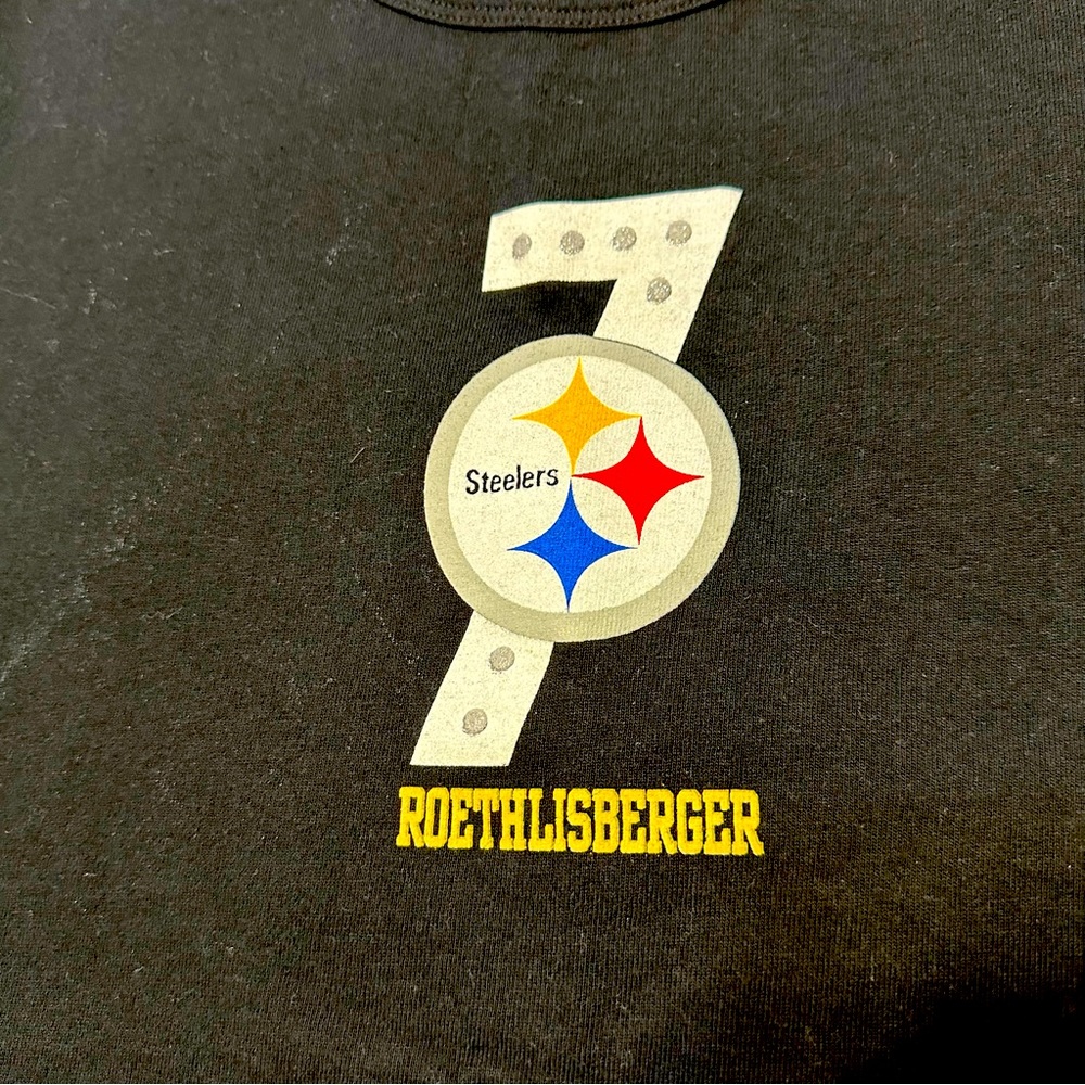 NFL TEAM APPAREL #7 ROETHLISBERGER Jeweled Steelers Black Tee Shirt Size L EUC